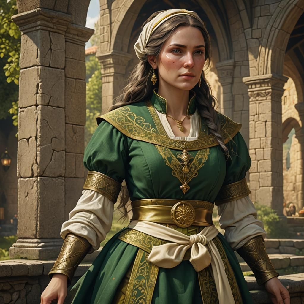 Medieval Peasant Lady in Green and Gold