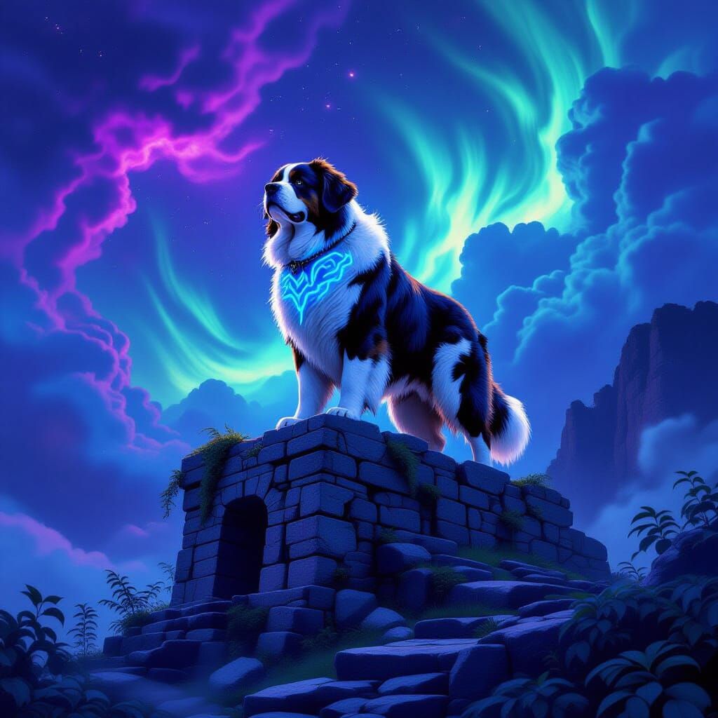 Bioluminescent Saint Bernard Guarding Alien Ruins