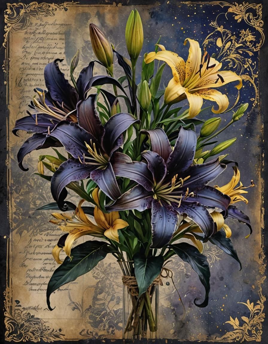 Watercolor Gothic Lily Bouquet with Raven and Gold