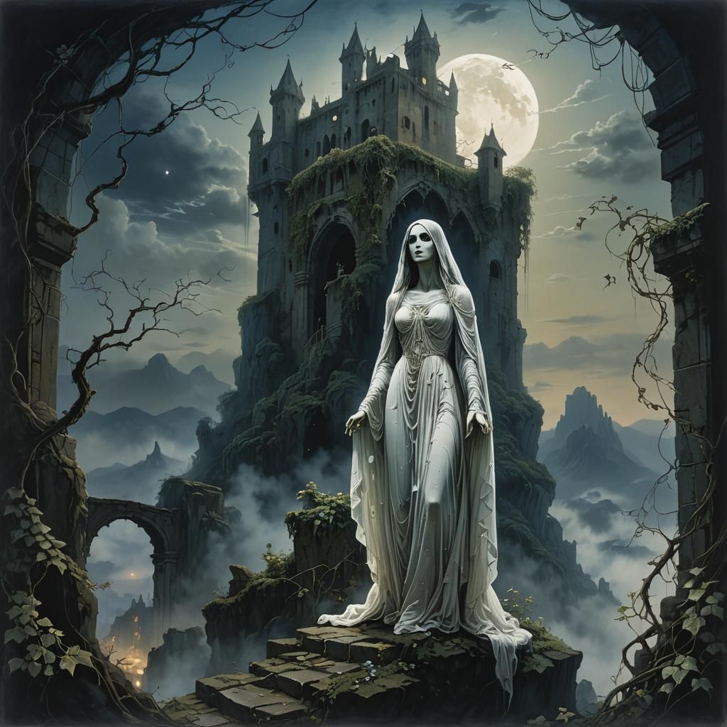 Ethereal Ghost in Ruined Castle, Surrealist Landscape