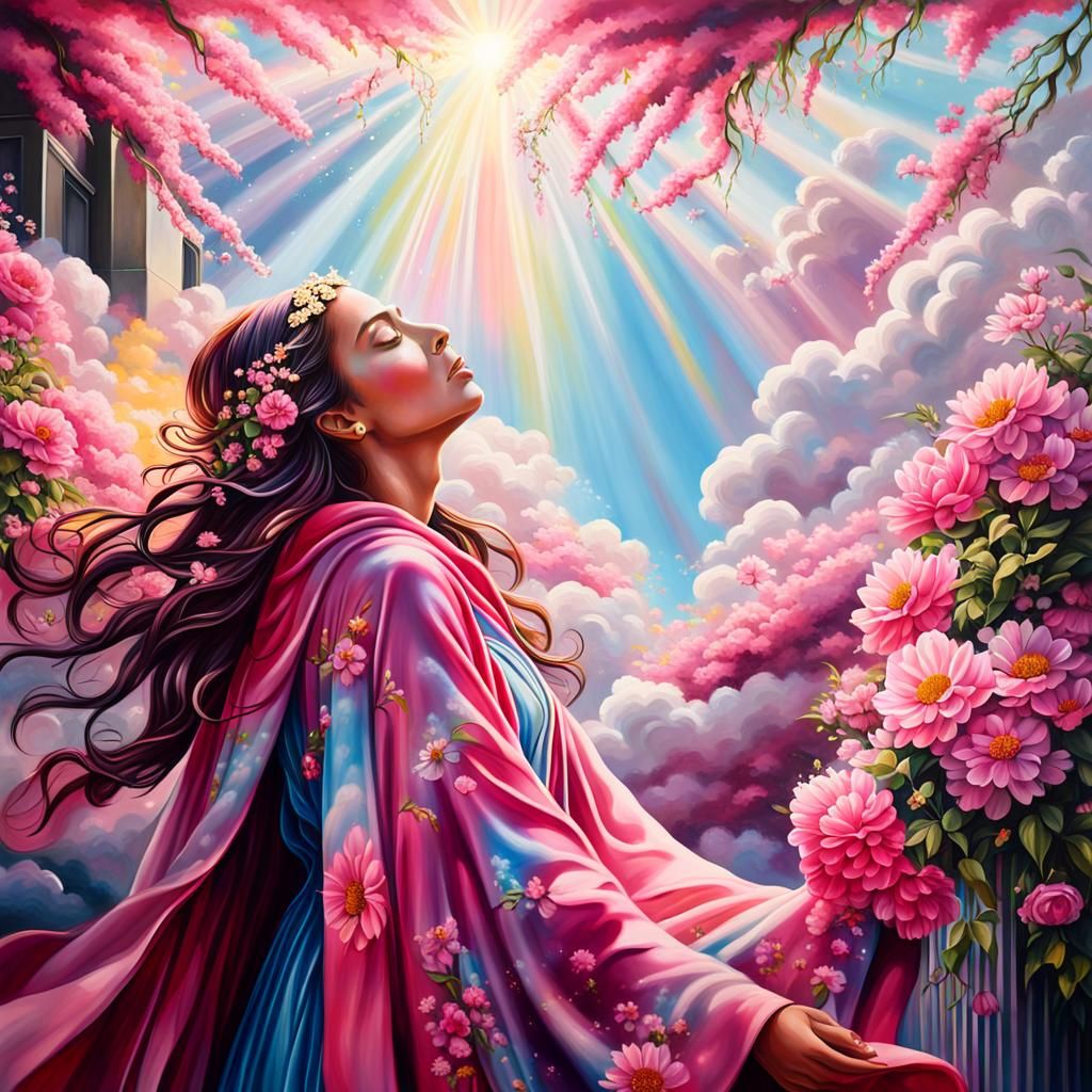 Pink Gown Street Art with Divine Light and Flowers