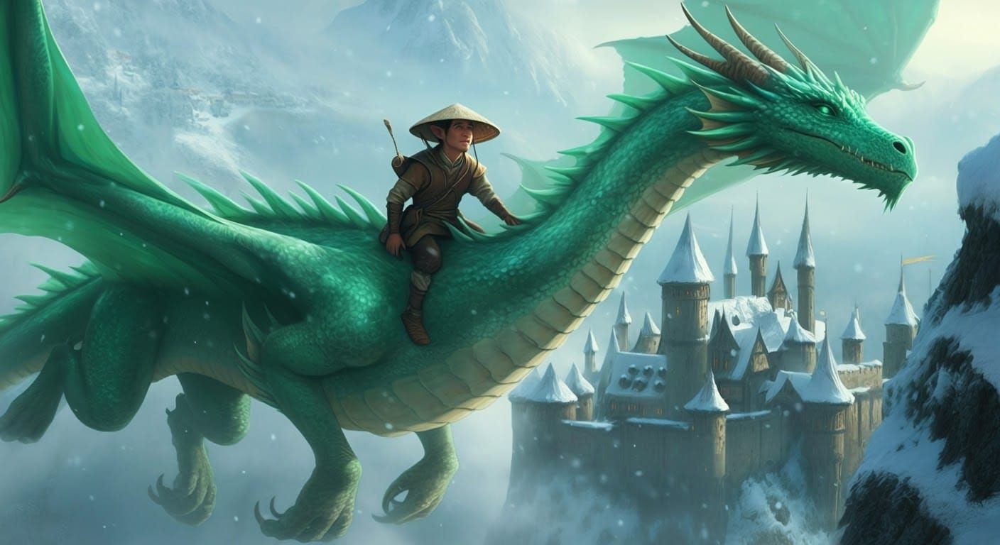 Dragon Rider Soaring Over Winter Castle in Fantasy Art
