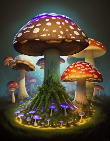 Giant Glowing Mushroom Forest Portrait