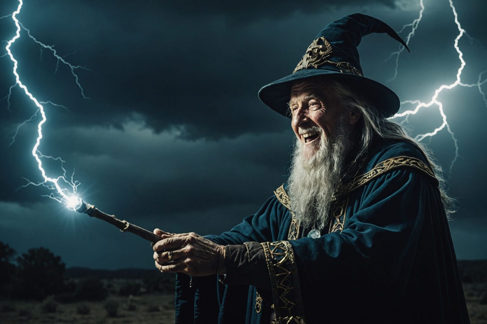 Wizard Casts Lightning Spell in Stormy Cinematic Scene