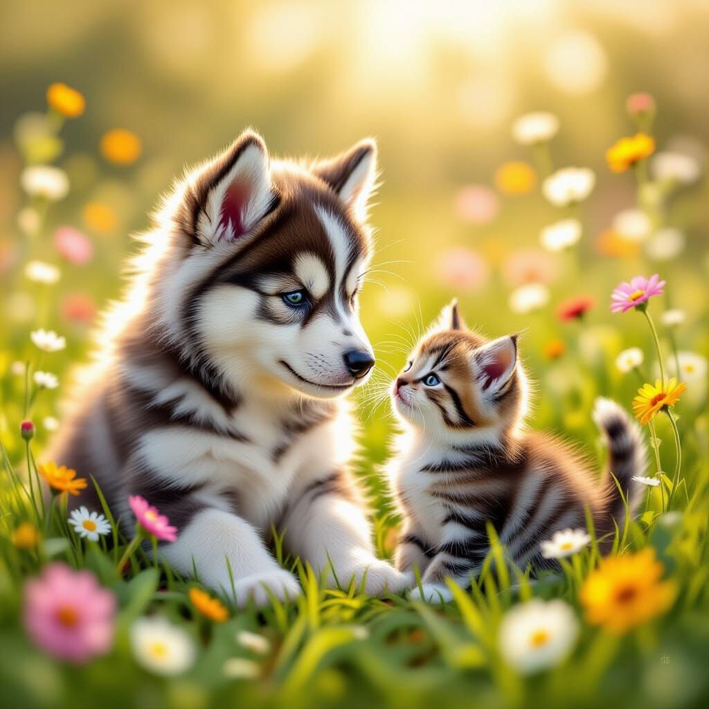 Husky Puppy and Kitten Play in Wildflower Meadow Digital Pai...