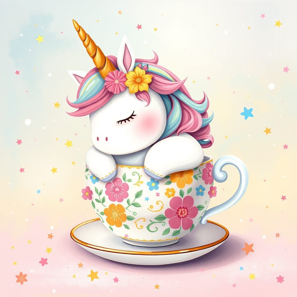 Chubby Unicorn Squeezing into Teacup with Rainbow Sparkles