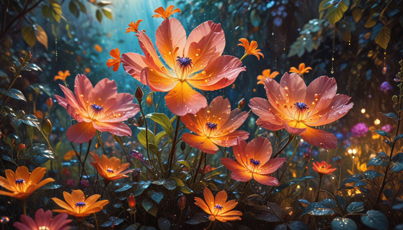 Surreal Oil Painting of Glowing Flowers in an Impressionist...