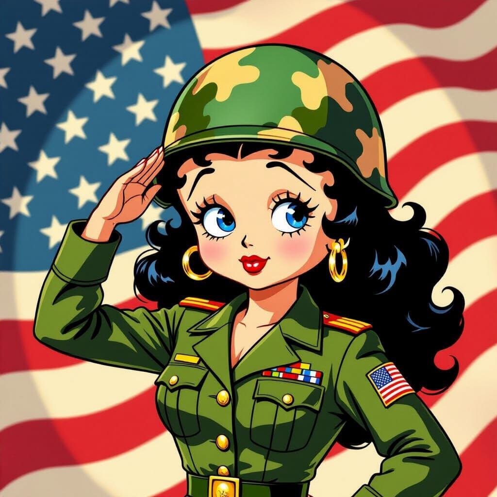 Betty Boop Salutes in Patriotic Cartoon Illustration