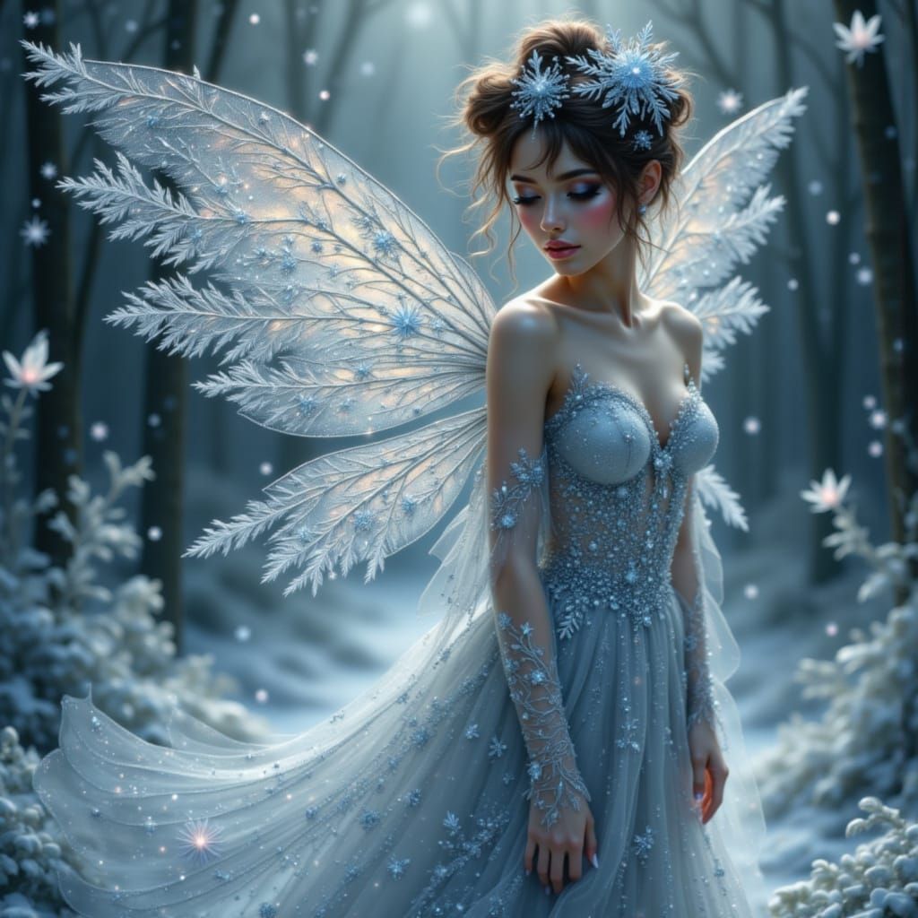Ethereal Snowflake Fairy in Moonlit Winter Grove