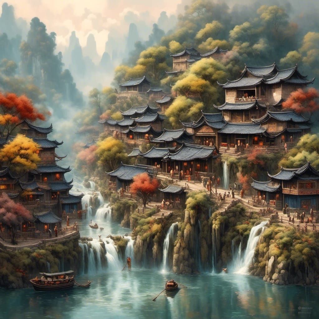 Guizhou Water Village with Waterfall and River