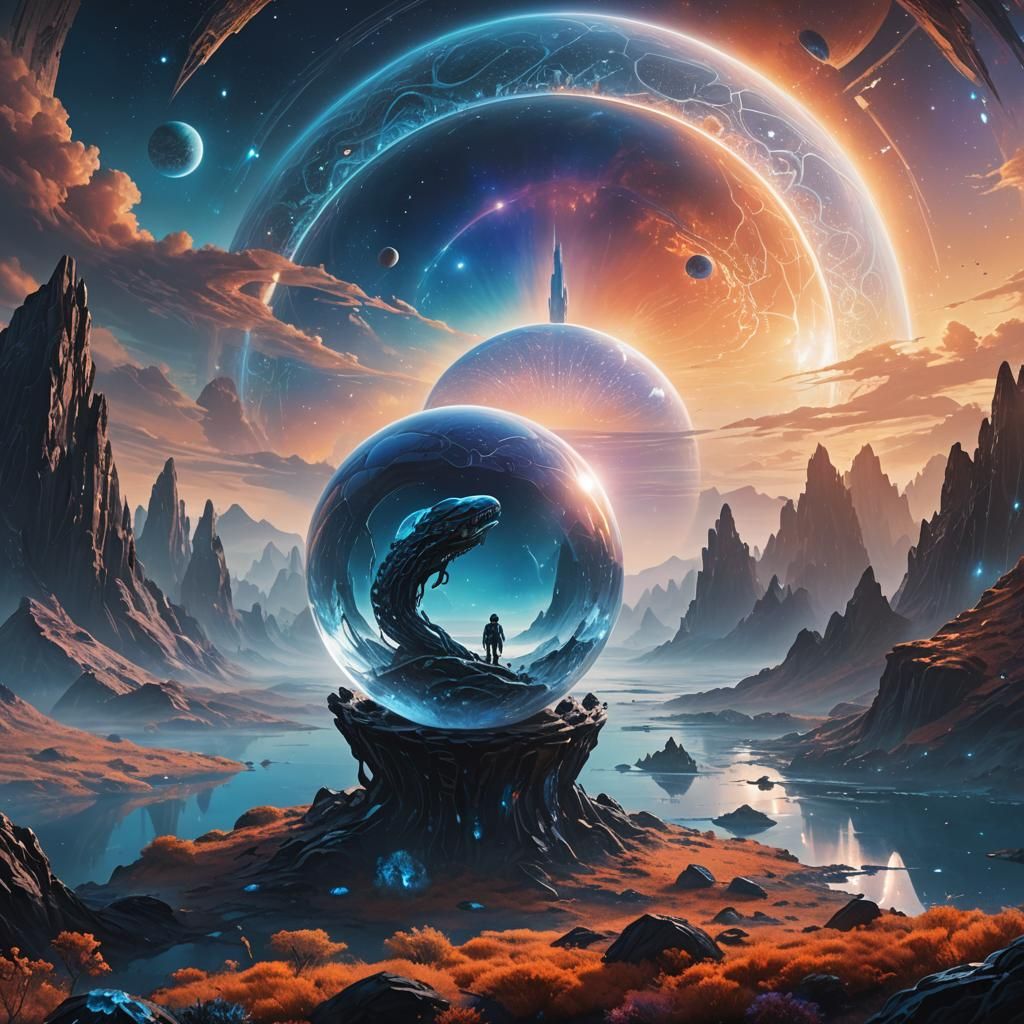 Alien in Orb Gazing at Blue Planet: Concept Art