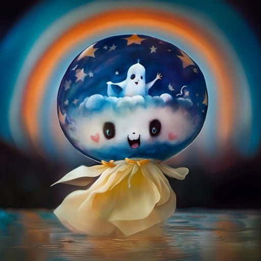 Chibi Ghost in Vintage Circus, Mixed-Media Art