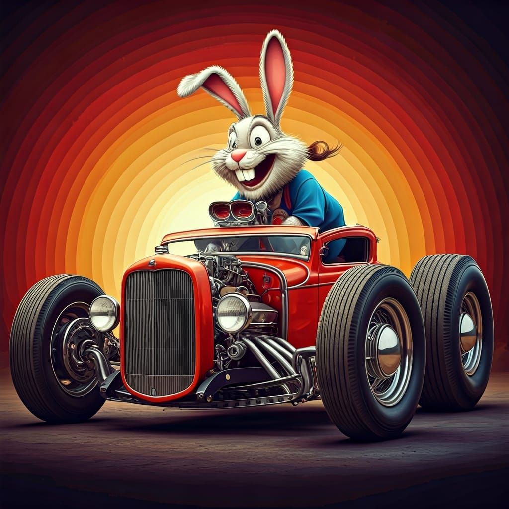 Laughing Bunny Driving a Hot Rod in Graffiti Art Style