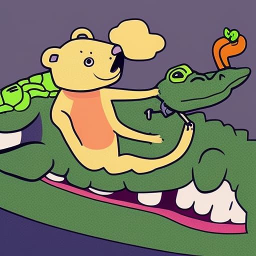 Cartoon Brain with Bear, Crocodile, and Person