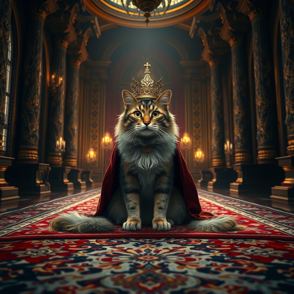 Cat King on Persian Rug in Grand Palace Digital Painting