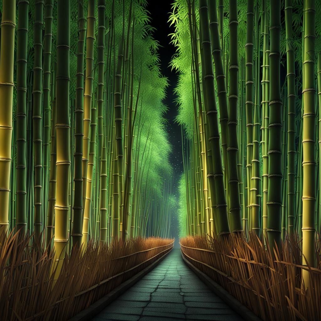 Night-Illuminated Bamboo Forest: Hyperrealistic Magic