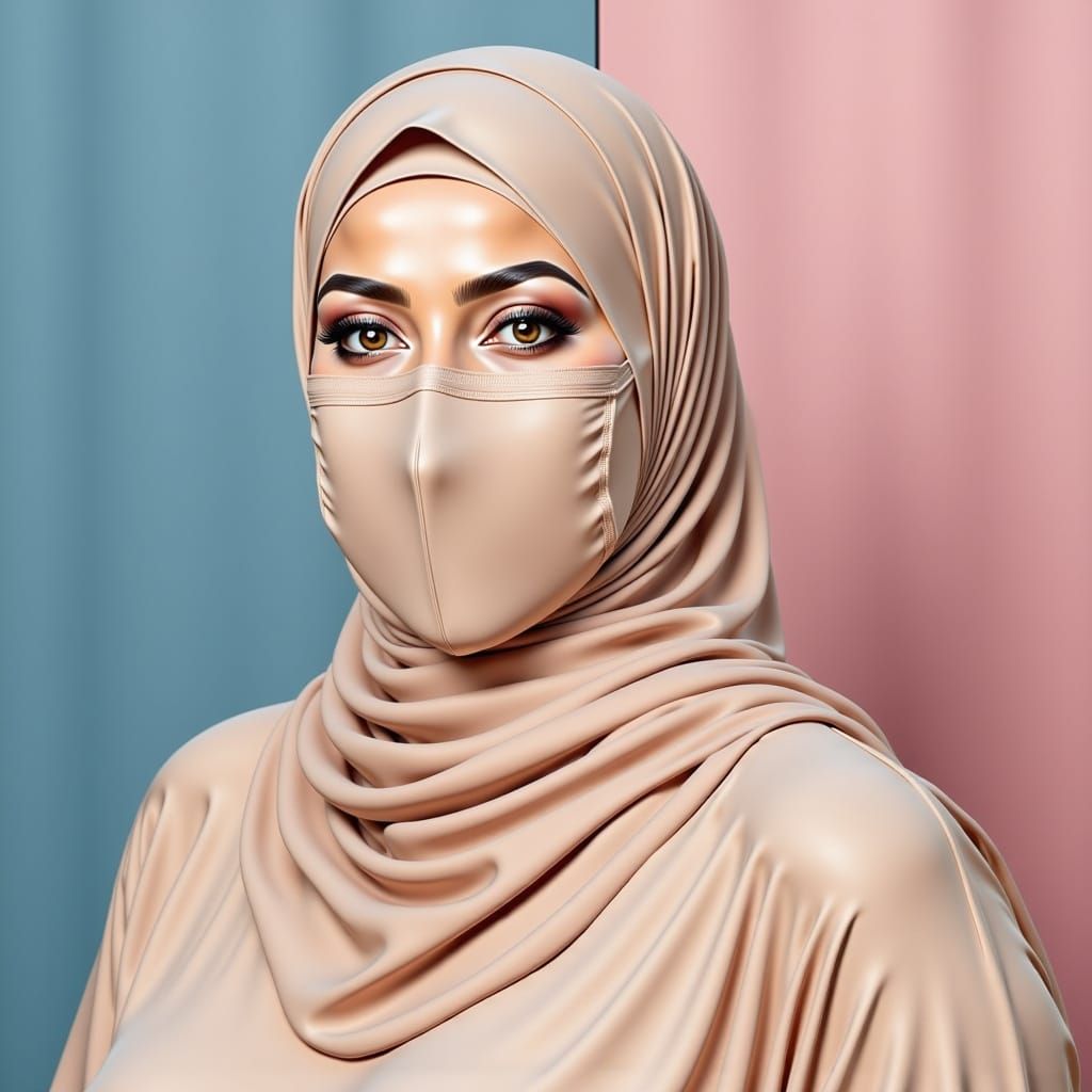 Overweight Hijabi Woman in Beige with Floral Mask