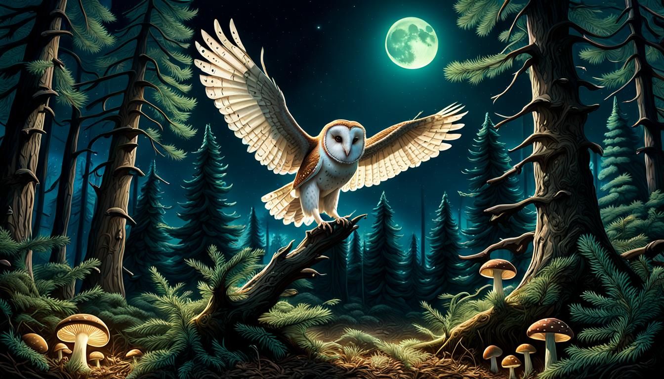 Barn Owl Watches Prey in Moonlit Fantasy Forest