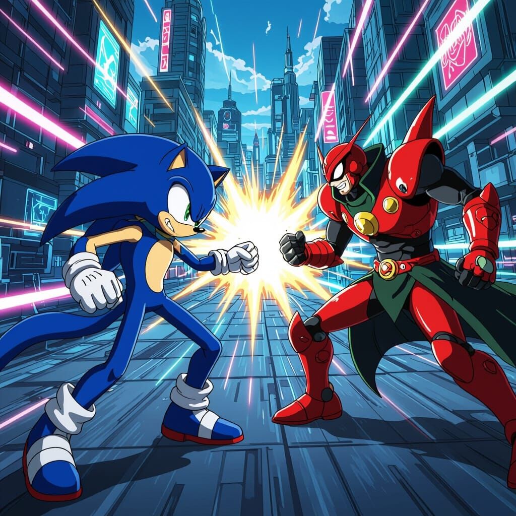 Sonic Battles Eggman in Futuristic Cityscape