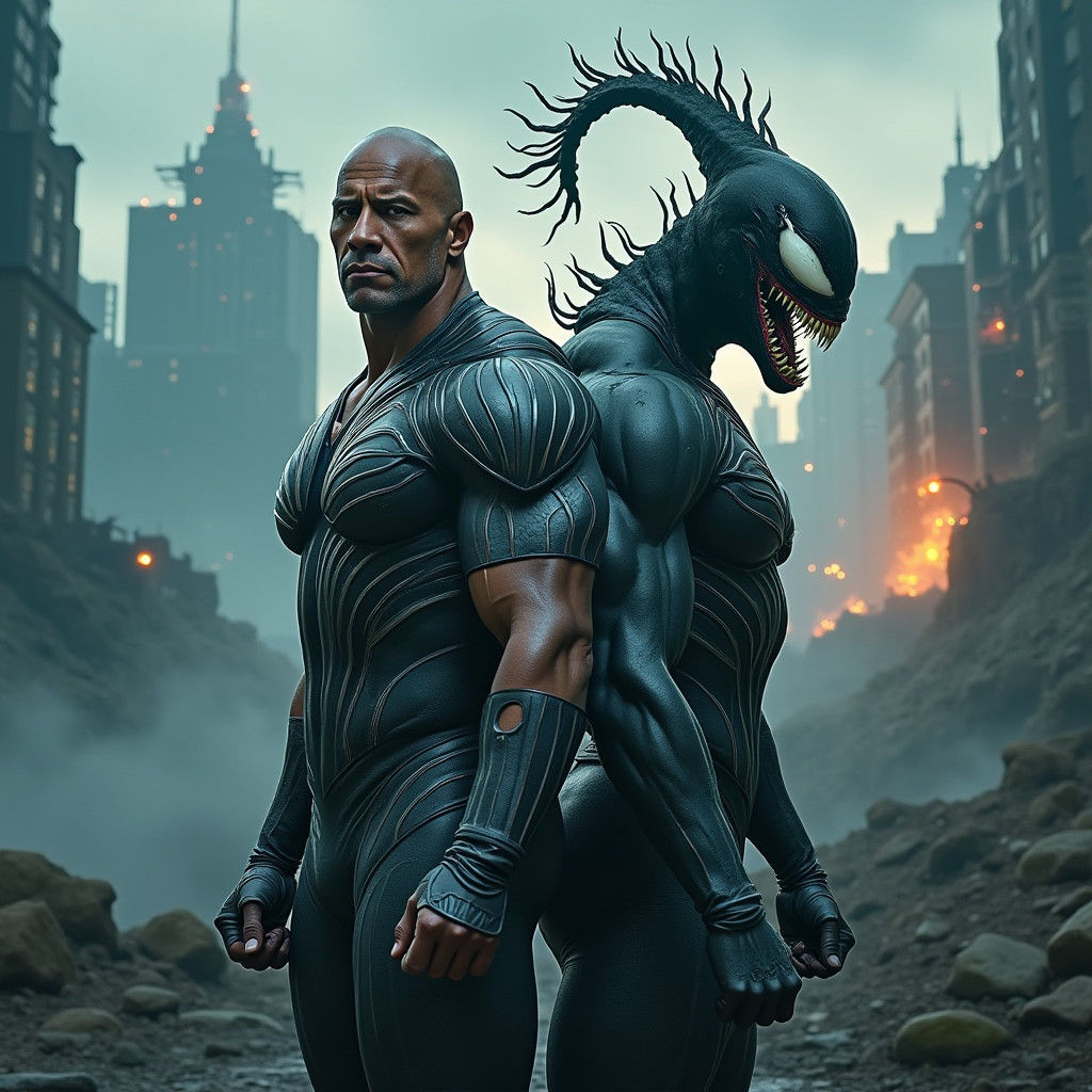 Heroic Face-Off Against Venom in Cyberpunk Cityscape