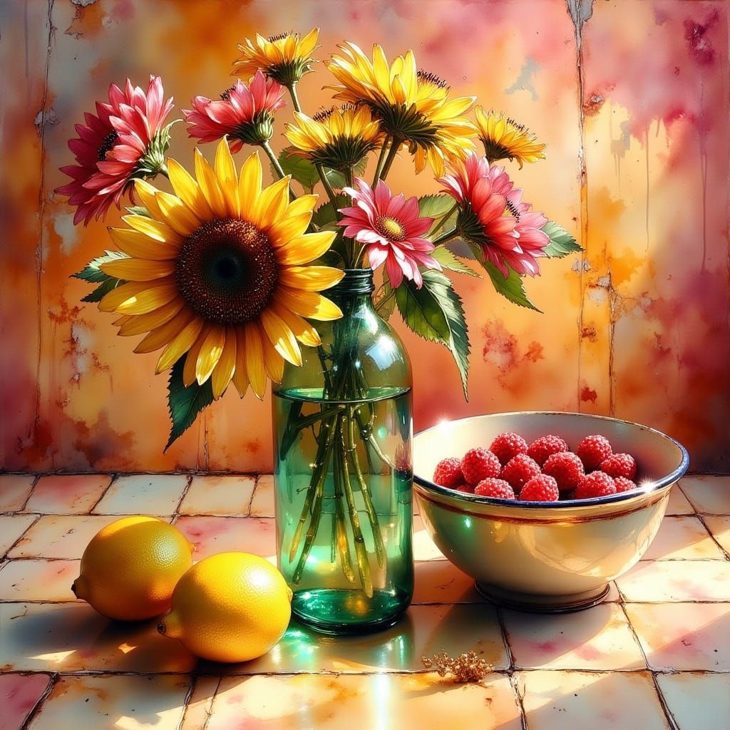 Floral Still Life in Reflective Glass, Watercolor Hues