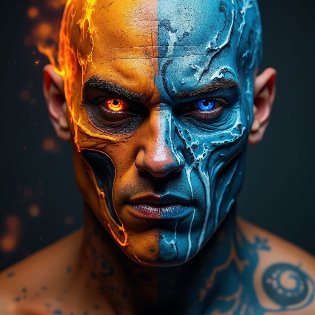 Split-Face Tattoo: Scorpion and Sub-Zero in Bold Contrast