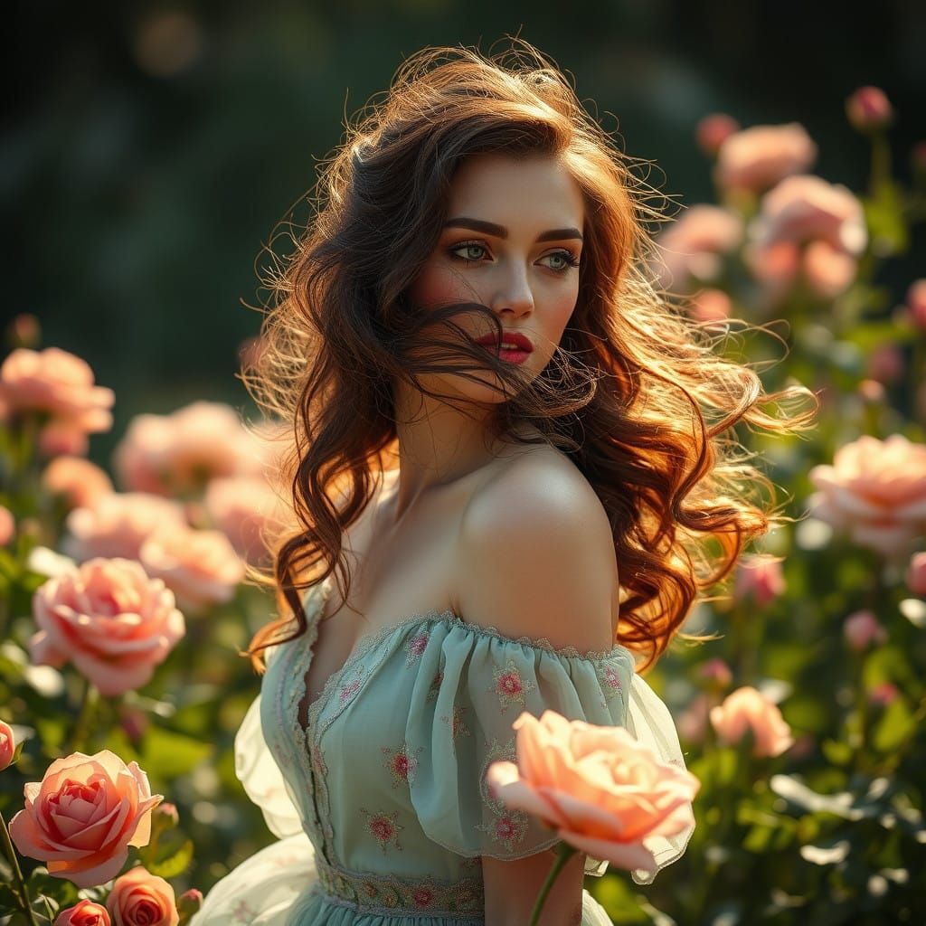 Elegant Floral Goddess in a Whimsical Rose Garden