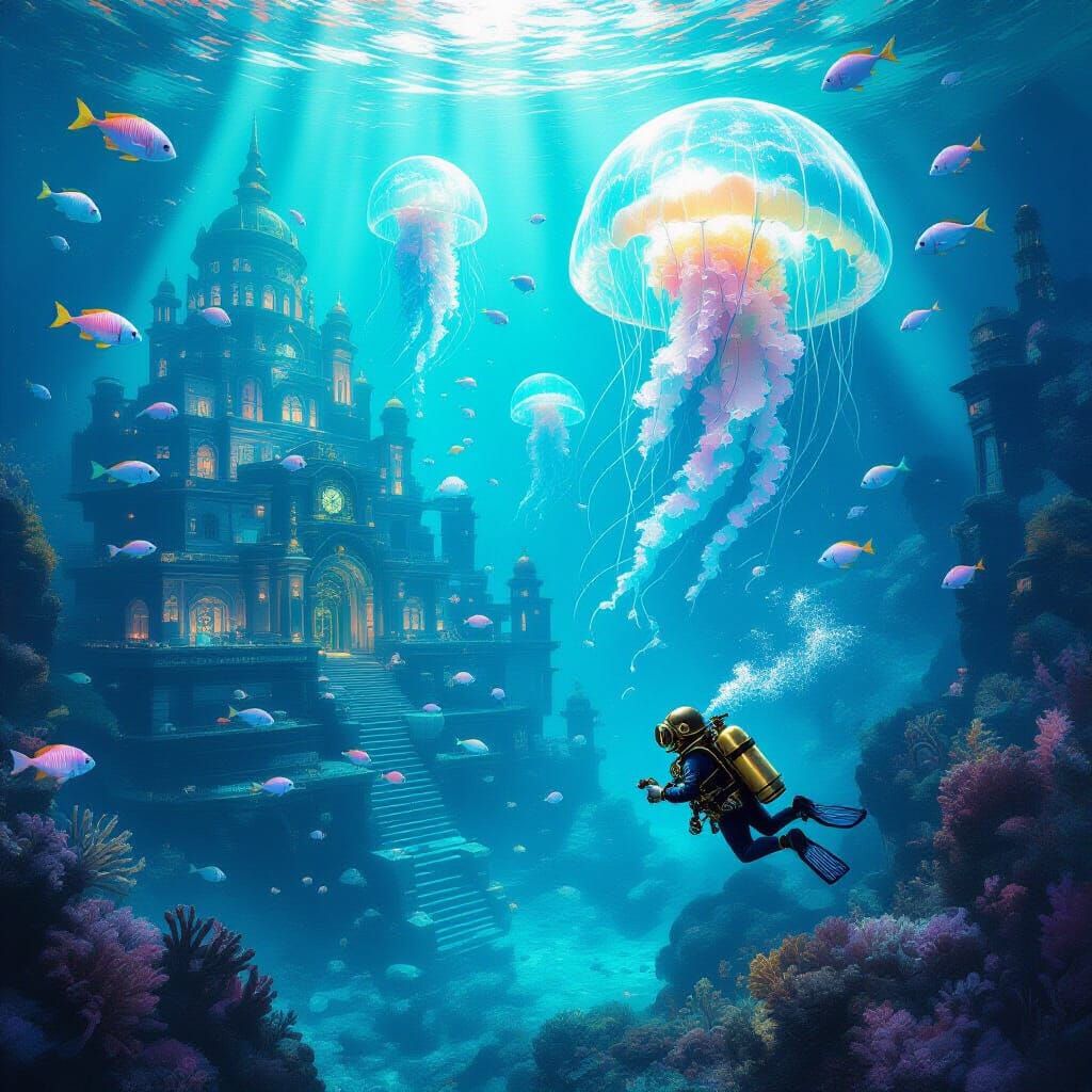Steampunk Diver Explores Coral City in Hyperrealistic Style