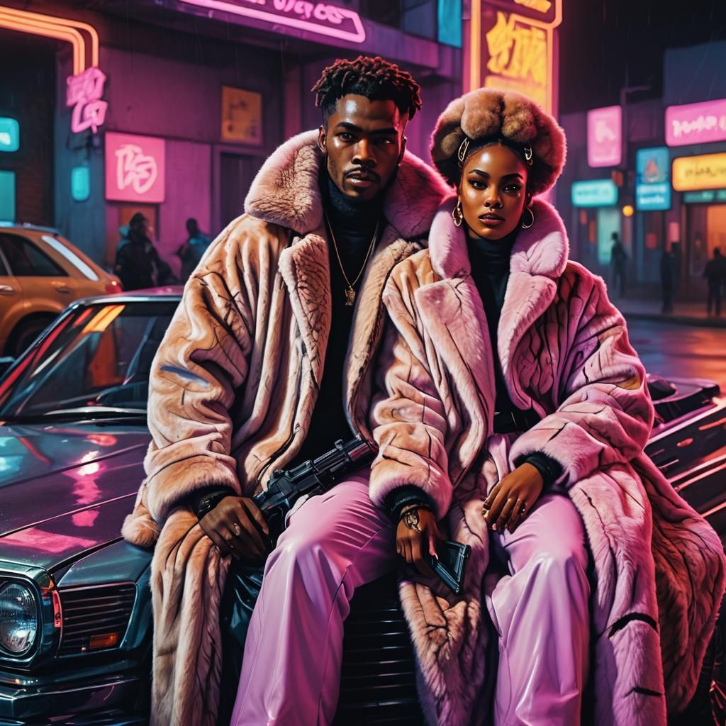Synthwave Couple in Fur Coats with Neon Lights