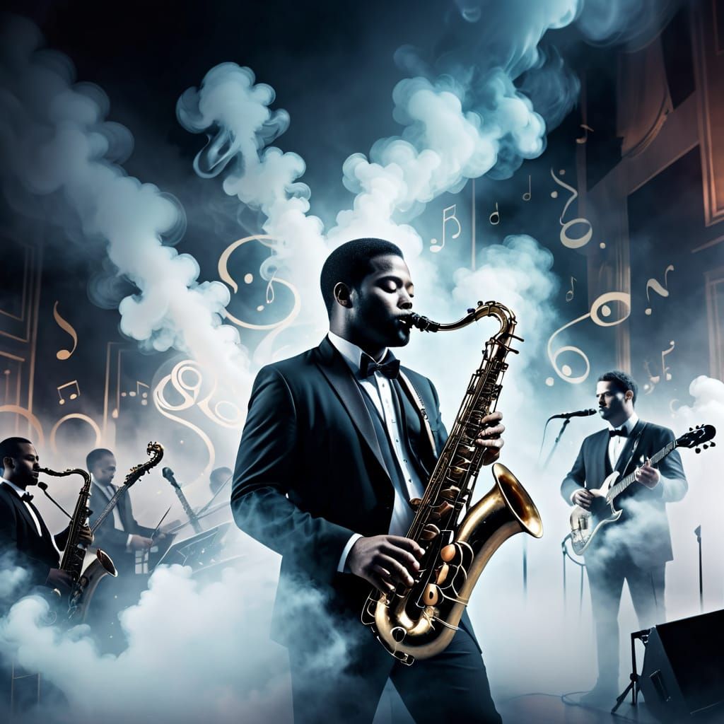 Dreamy Double Exposure of Saxophonist in Jazz Club