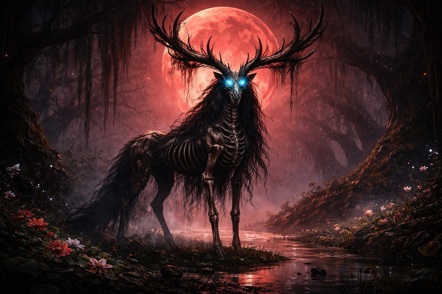 Mystical Skeleton Animal Creature with Antlers Under Blood M...