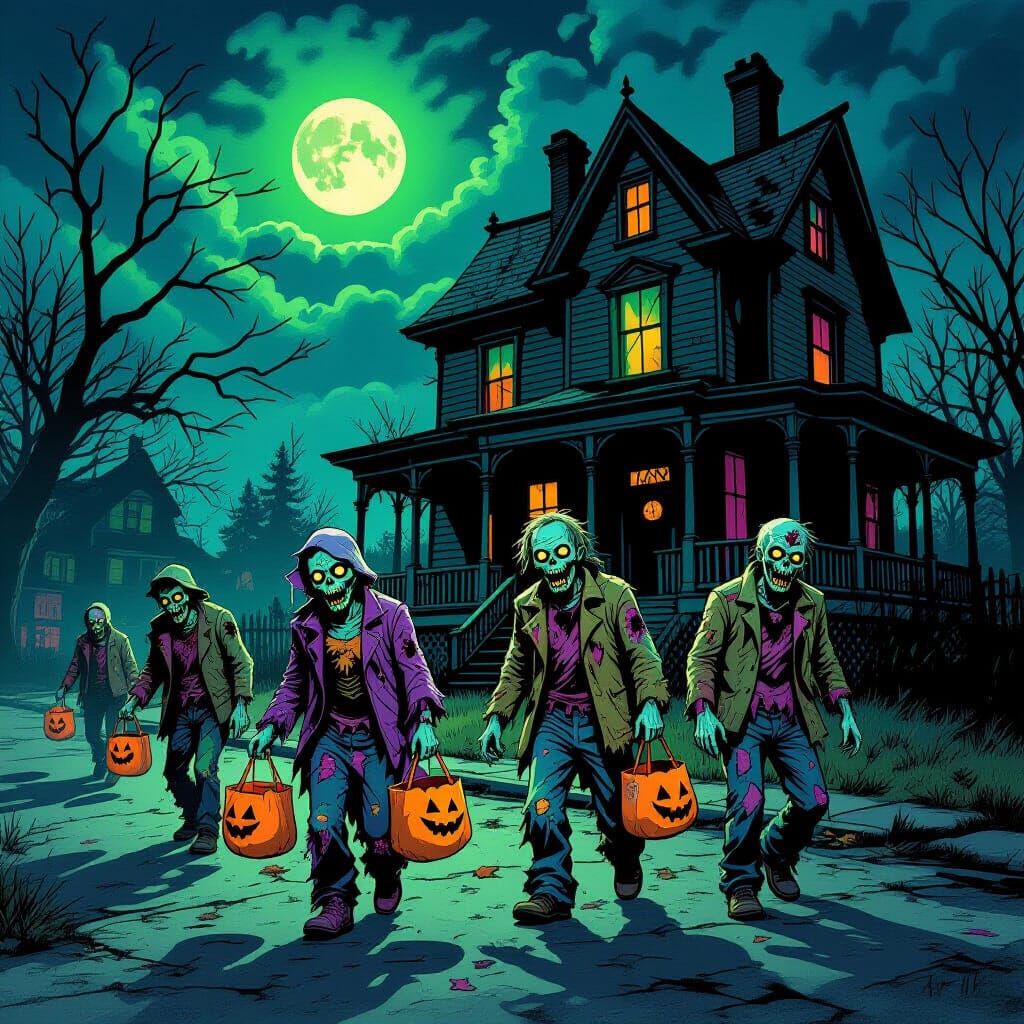 Eerie Zombies Trick-or-Treating at Haunted House