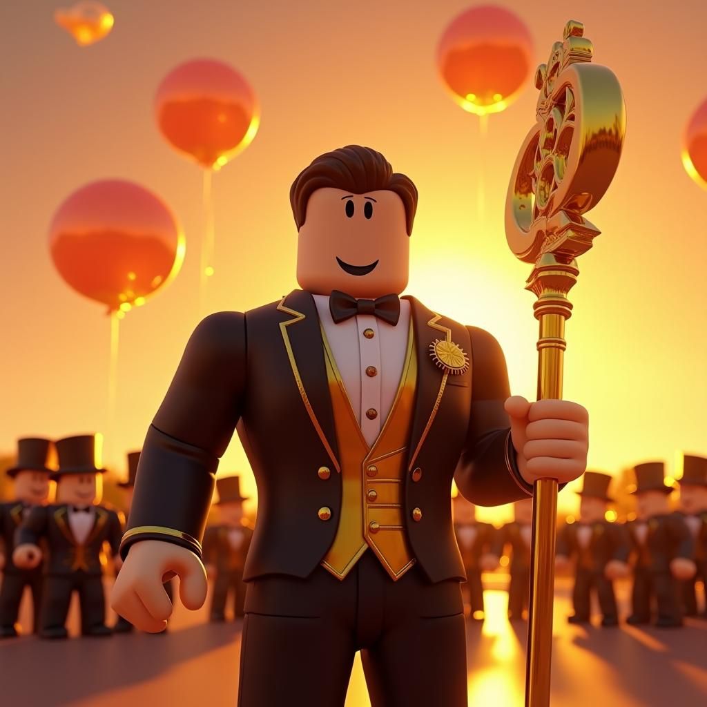 Luxurious Roblox Game Thumbnail with Sunset Backdrop