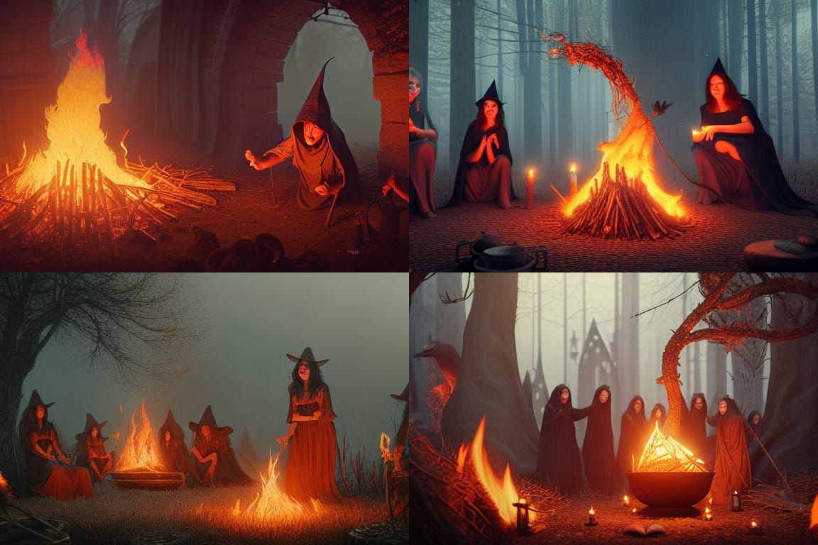 Witch Coven Bonfire Ceremony in Realistic Style