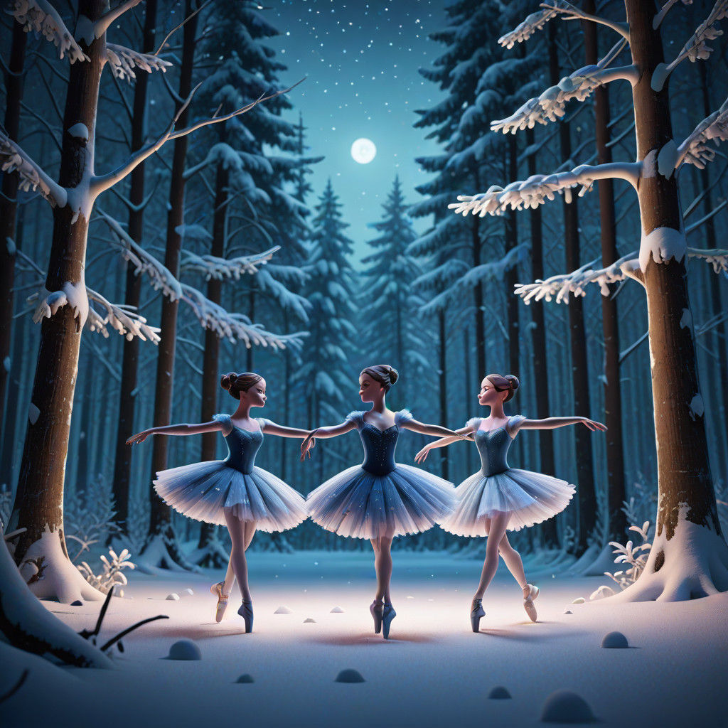 Ballet Dancers Under Radiant Snowy Skies in a Futuristic Dig...