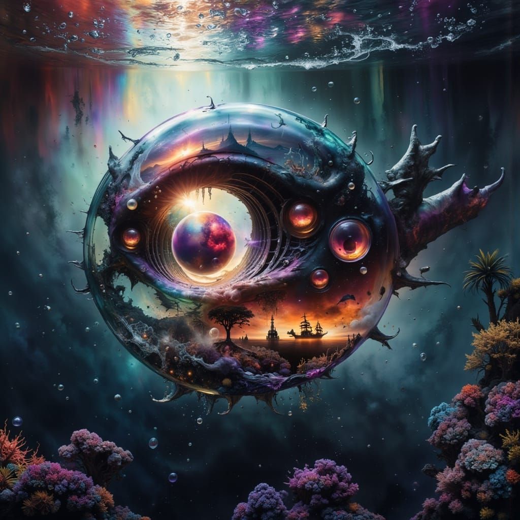 Surreal Shark Head Amidst Ocean Chaos and Dreamlike Worlds