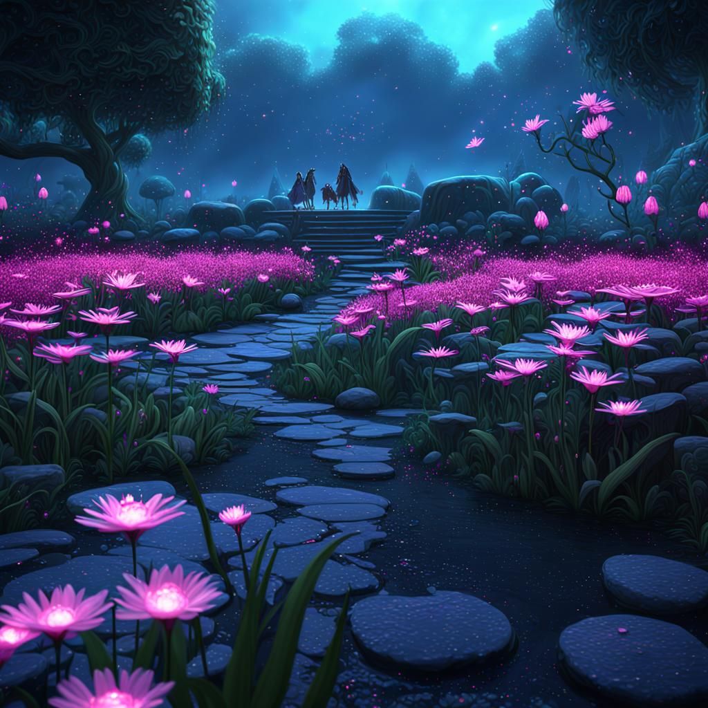 Pink Garden Fireflies at Night in Detailed Matte Painting