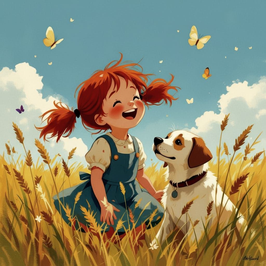 Girl Playing in Wild Grass with Puppy