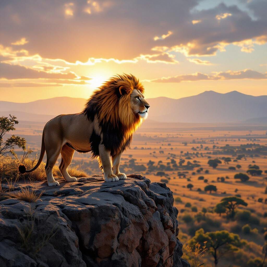 Lion with Fiery Mane Overlooking Savanna