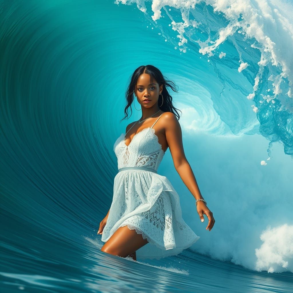 Rihanna Emerges from Wave in Hyperrealistic Style