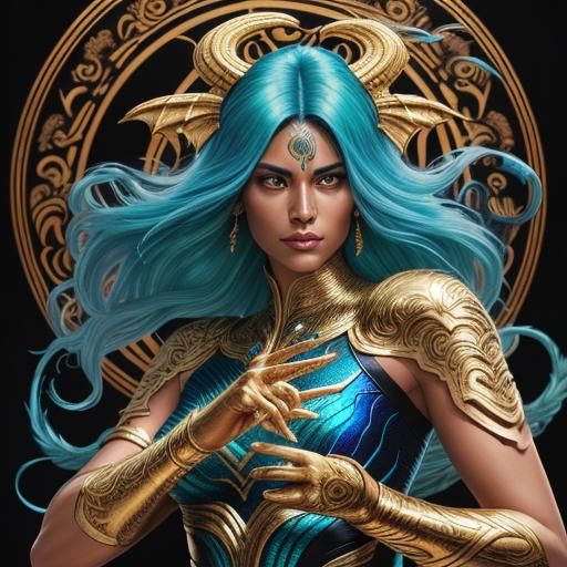 Dragon Woman Portrait with Peacock Feathers