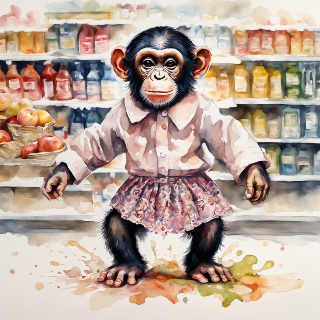 Chimpanzee Grocery Shopping: Adorable Watercolor Painting