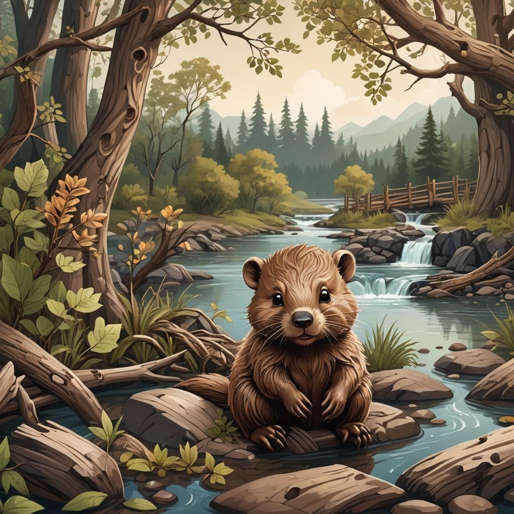 Cute Baby Beaver at Dam in Fantasy Style
