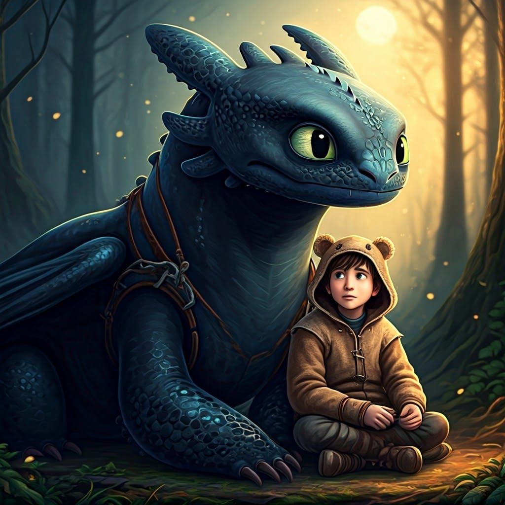 Boy and Night Fury Dragon in Nordic Forest