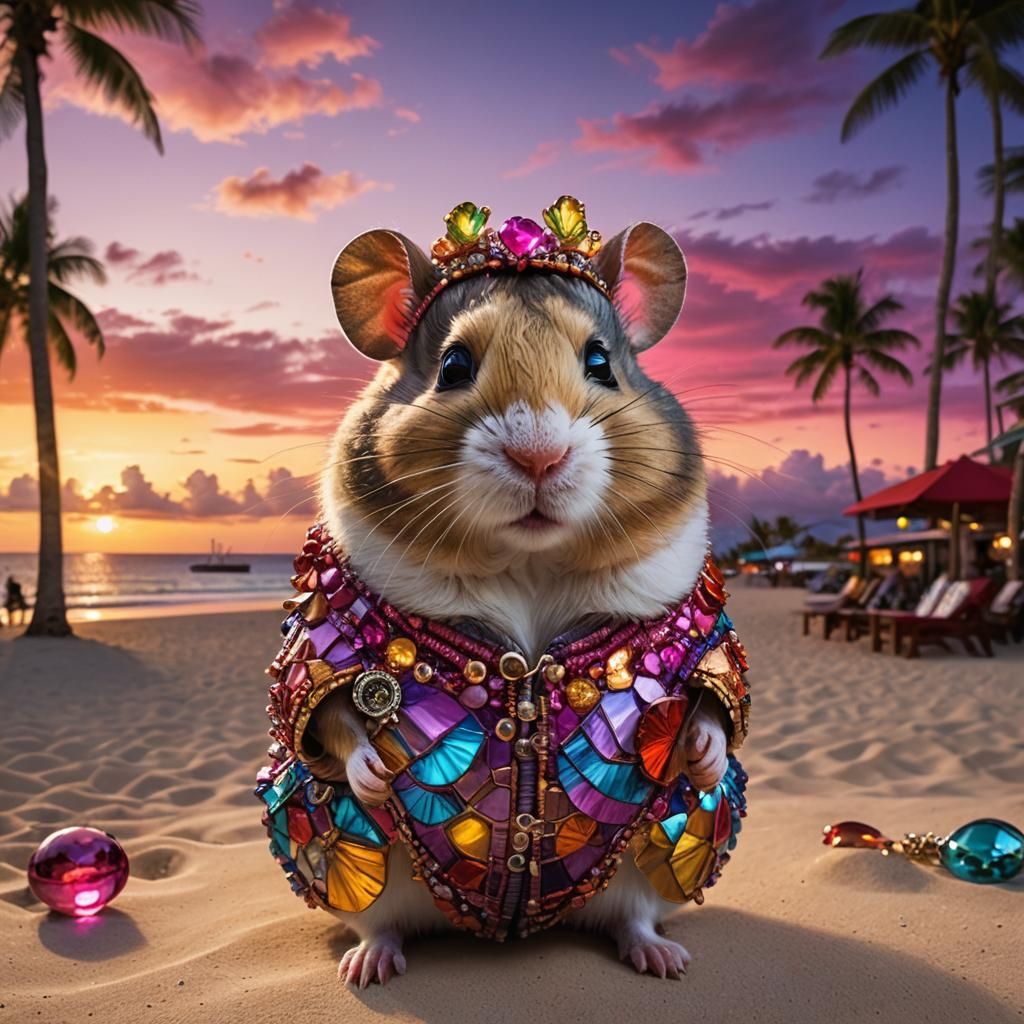 Hamster in Glass Clothing on Tropical Beach