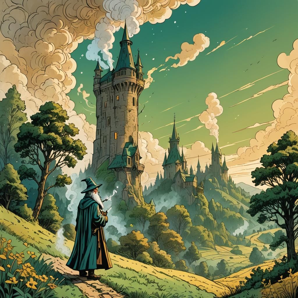 Wizard Smoking Pipe on Farm Tower, Comic Book Style