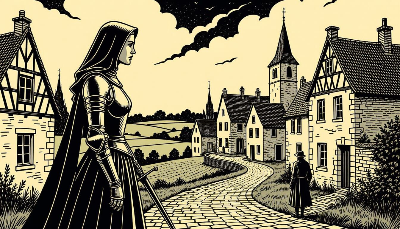 Joan of Arc's Passion in Surreal Belgian Ligne Claire Style