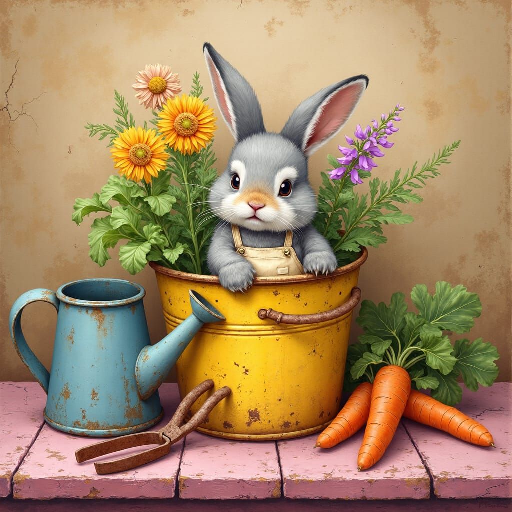 Whimsical Watercolor Bunny in a Garden Scene
