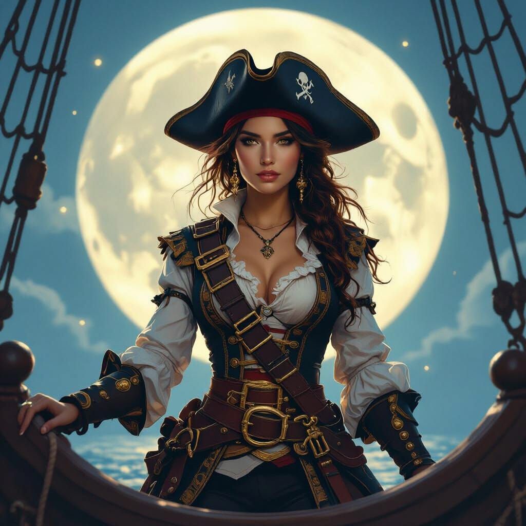 Celestial Pirate Maiden at the Helm, Digital Painting