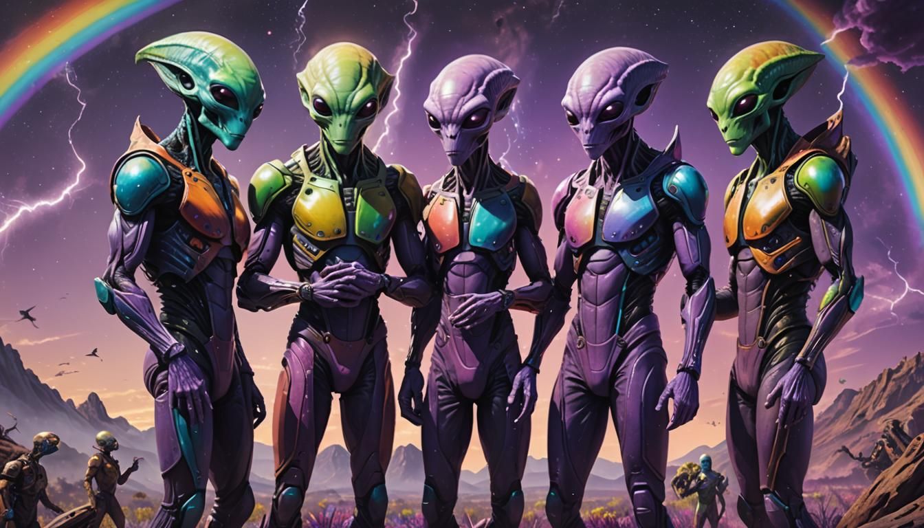 Exoplanetary Alien Celebration with Rainbow Lightning